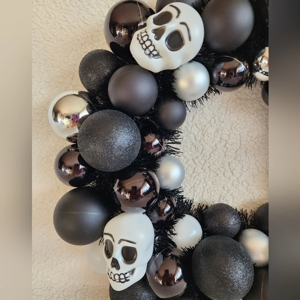 New Target 16in Halloween wreath with skulls black and white', shatterproof